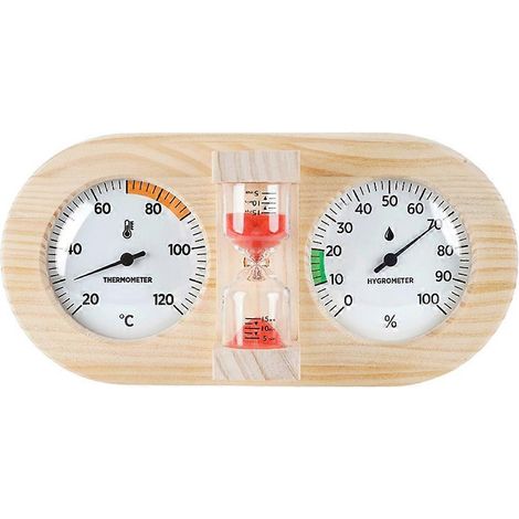 Sauna-Thermometer-Hygrometer mit 15-Minuten-Sanduhr, Kiefernholzrahmen und Glaslinse für genaue Temperatur- und Feuchtigkeitsmessung. (1/5)