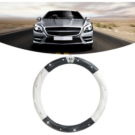 Damen-Autolenkradbezug aus rutschfestem, universellem PU-Leder mit Strasssteinen, schwarz-weiß, 15 Zoll (1/5)