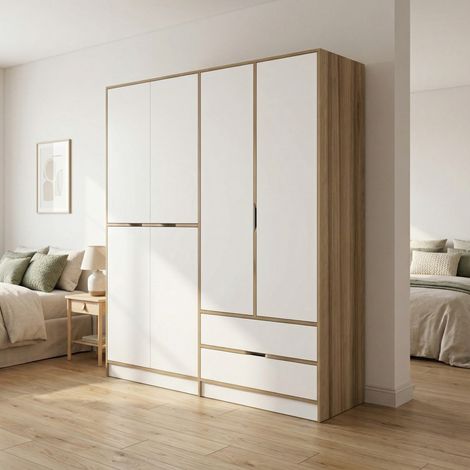 Kleiderschrank Groß Odalys, Schlafzimmer-Schrank 5 Böden, Kleiderstange, 2 Schubladen, 185x208h cm Weiß und Nussbaum\ und Nussbaum\ (1/5)