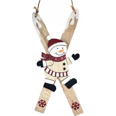 Colgante de esquí de madera con un muñeco de nieve navideño (1/5)