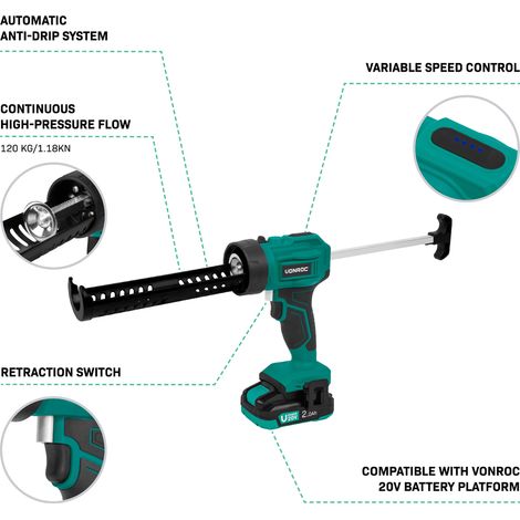 VONROC Akku Kartuschenpresse,  Kartuschenpistole neues Modell - 20V Silikonpistole inkl. 2h Akku und Ladegerät