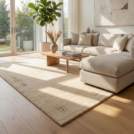 Tapis Gabbeh indien Tapis Fenth - Tapis en laine - 300x200cm, Rectangular - 100% Laine vierge - Tissé main - Beige