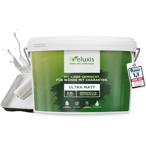 Wandfarbe Weiß Matt Innenfarbe – Deckkraft Klasse 1, VOC-frei, Ohne Grundierung, Tropfarm – Wohnzimmer & Schlafzimmer – 2,5L – Veluxis (Pure White)
