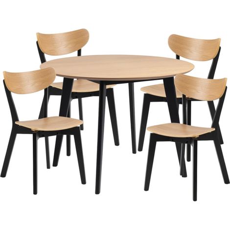 Table ronde en bois chêne/noir D105 + 4 chaises chêne/noir - LETA (1/5)