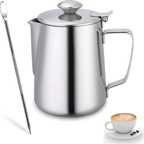 Pot a Lait Inox, 350ml Pichet Lait avec Latte Art Pen Milk Jug Pichet à Mousse avec Couvercle Tasse à Café en Acier Inoxydable pour Faire du Café Cappuccino et Latté (1/5)