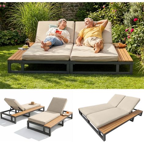 Chaise longue double de jardin beige avec dossier inclinable, étagères, bain de soleil modulable résistant à l’eau