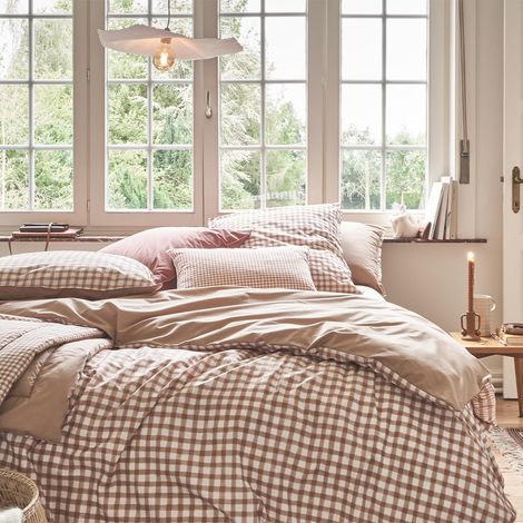 Housse de Couette imprimée en Percale de Coton, Vichy, 140 x 200 cm, Beige Dune (1/4)