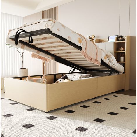 Lit adulte rangement hydraulique 90x200 MDF naturel OKMYHOME (1/5)