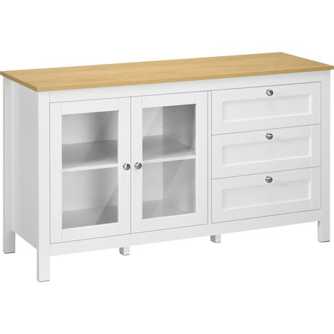 Armario auxiliar para salón con 2 puertas de cristal, 3 cajones y estante ajustable para cocina, 120x40x70 cm, blanco. (1/5)