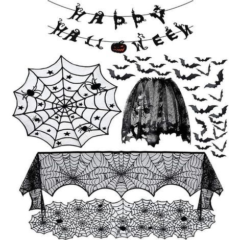 Ensemble de 6 décorations d'Halloween : nappe, chemin de table, nappe ronde en dentelle noire à motif toile d'araignée, châle de cheminée à motif toile d'araignée. (1/5)