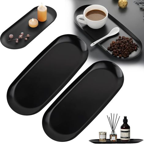 Juego de 2 bandejas decorativas de metal negro, bandeja decorativa, bandeja para cosméticos, bandeja de acero inoxidable para postres, cosméticos, joyas, servilletas y fiestas de cumpleaños. (1/5)