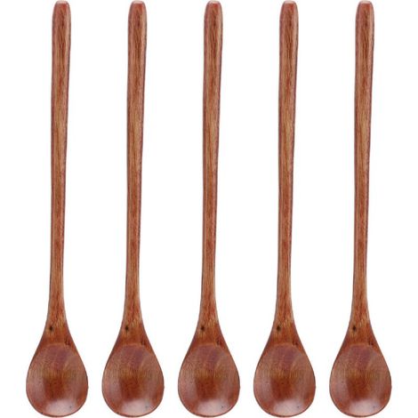 Lot de 5 petites cuillères en bois à long manche, multi-usages, anti-brûlures, pour enfants (1/5)