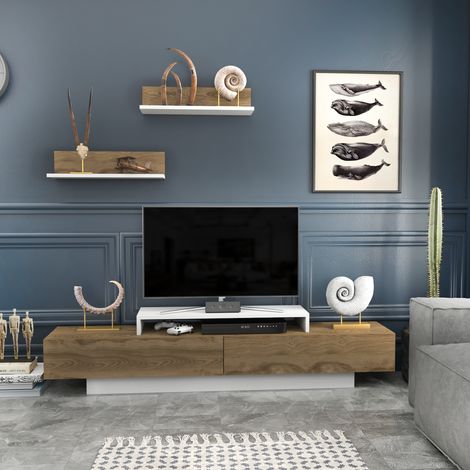 Decorotika Lusi 180 Cm Wide Modern Meuble TV With Shelves  TV Cabinet With Two DoorsMeuble TV With Two Cabinets- Lowboard Up To 81 TVs -Blanc And Oak Pattern (1/5)