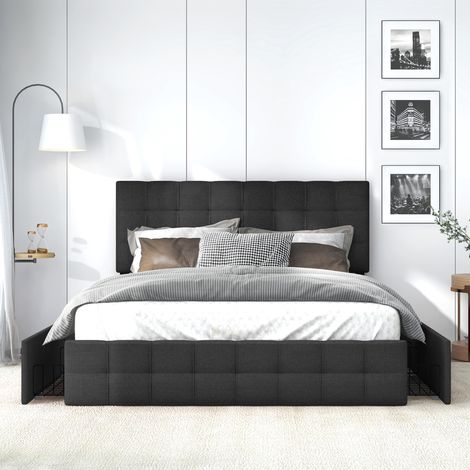 Lit capitonné 2 places avec 4 tiroirs, sommier à lattes métallique, coffre de rangement intégré, tête de lit ajustable en hauteur, coutures matelassées carrées, tissu lin, 140x200 cm, Noir (1/5)