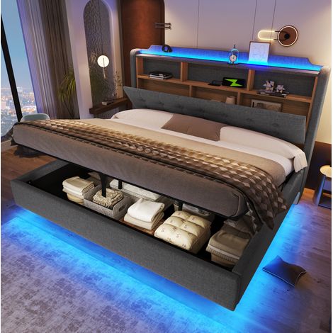 Polsterbett 180x200 cm Grau aus Leinen und MDF mit hydraulischem Stauraum, LED-Lichtleiste und USB-/Typ-C-Anschlüssen (1/5)