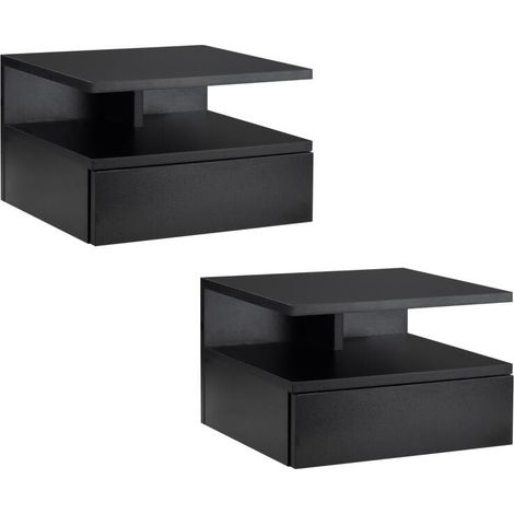 Lot de 2 Tables de Chevet murales - Lot de 2 Tables de Nuit - tiroir Coulissant, Niche, Plateau - Panneaux Particules noir