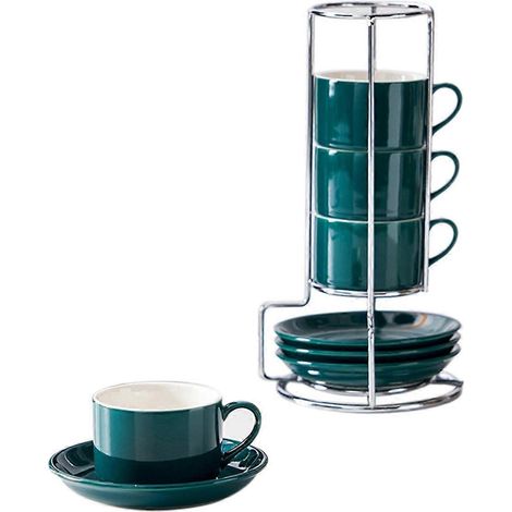 Tasses à cappuccino empilables en porcelaine avec soucoupes et support en métal, vert anglais (1/5)