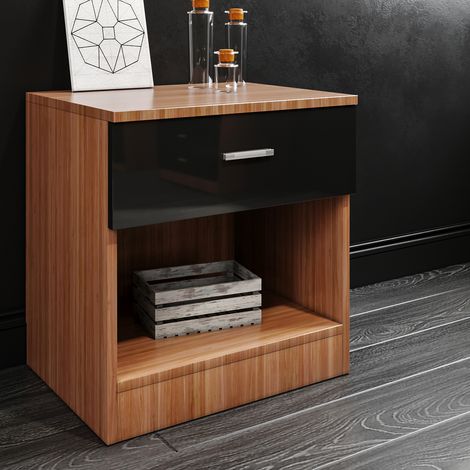 ELEGANT Black/Walnut Modern High Gloss Bedside Cabinet Night Stand Storage Shelf with Bin Drawer, for Bedroom or Home Storage Organizer (1/5)