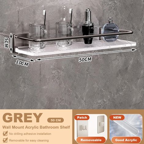 Étagère de salle de bain d'angle en acrylique gris (50 cm) avec crochets porte-serviettes, fixation murale sans perçage, en acrylique et aluminium spatial. (1/5)