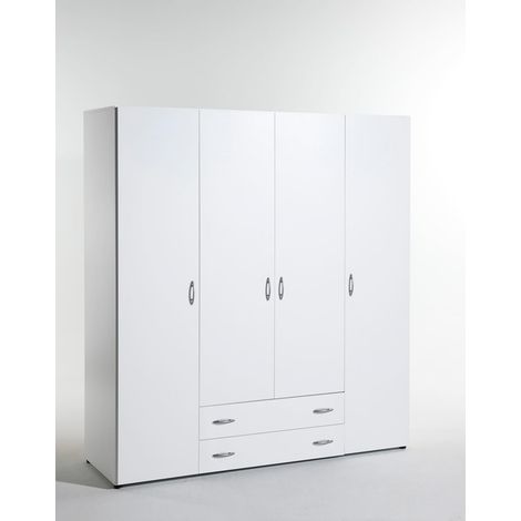 Armadio Guardaroba per Camera da Letto, 4 Ante, 2 Cassetti, Legno Bianco, 160 cm L x 52 cm P x 177 cm A