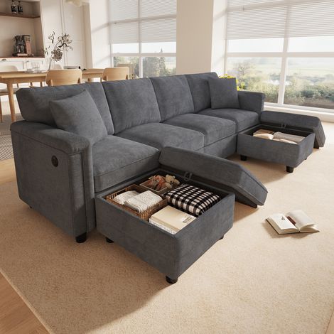 Canapé modulable 4 places 261 × 134 × 82 cm - convertible en L ou en U, 2 poufs avec rangement et 2 coussins - style moderne - chenille - Gris (1/5)