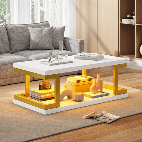 Modernluxe - Table basse rectangulaire 100 x 50 x 37,5 cm - Éclairage LED - Piètement en métal et MDF - Blanc et doré (1/5)