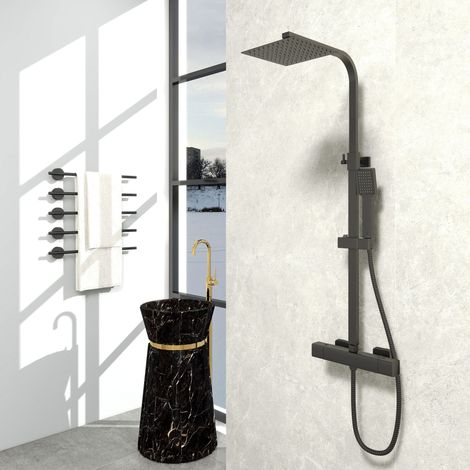 Biubiubath Bathroom Exposed Thermostatic Shower Mixer Twin Head Square Rod Set Black Plated (1/5)
