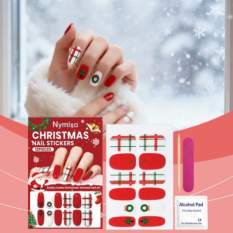 Weihnachtliches Nagelsticker-Set aus weichem Gel – Kreatives DIY-Set für einfache und festliche Nageldekoration – 12 Weihnachtssticker + 1 Nagelfeile + 1 Holzstäbchen + 1 Feuchttuch -- DE (1/5)