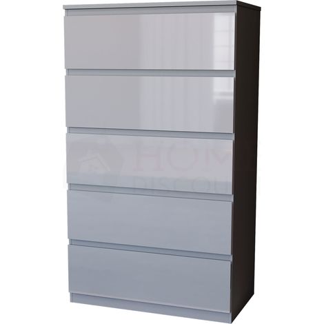 Glinton 5 Drawer Chest of Drawers High Gloss Bedroom Storage Furniture, 100% FSC, Grey
