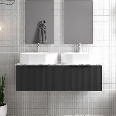 Hudson Reed Fluted Wall Hung 2-Drawer Vanity Unit with Carrera Marble Worktop 1200mm Wide - Satin Anthracite (1/4)