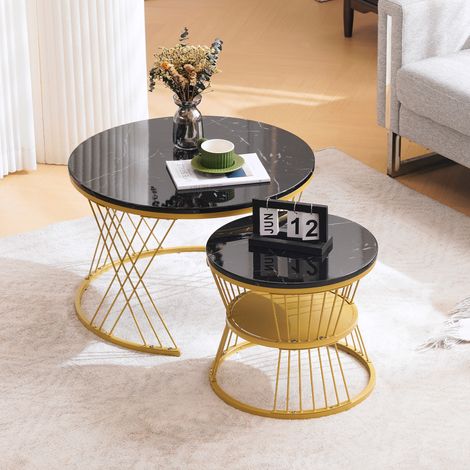 Set di 2 tavolini rotondi sovrapponibili 70x70x45 cm in MDF nero FloraGrace (1/5)