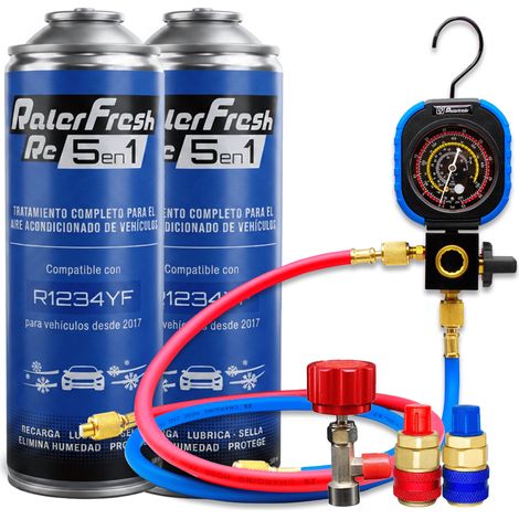 Pack gas refrigerante 2 botellas Ralerfresh RC R1234YF 5en1 500ml con Manometro RF31, llave y conectores