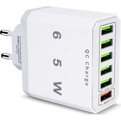 Multi-USB-Ladegerät, 65-W-USB-Schnellladegerät mit 6 Anschlüssen und QC 3.0 Smart Fast Charger, universelles USB-A-Netzteil für 15 Pro Max, 14 Plus, 13, 12, 11, SE, XR, iPad und Samsung (1/4)