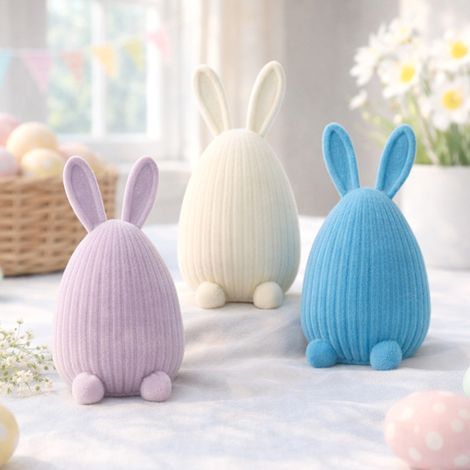 Osterhasen-Eier-Ornamente – Beflockte Ostereier mit Hasenohren – Tischdekoration in Pastellfarben für Ostern und Inneneinrichtung (1/2)