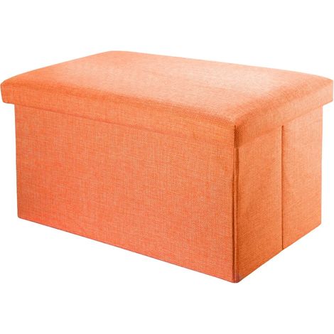 Banc pliable Intirilife 78 x 38 x 38 cm, coloris orange mandarine - Cube de rangement avec couvercle en tissu aspect lin - Repose-pieds, boîte de rangement, coffre, pouf (1/5)