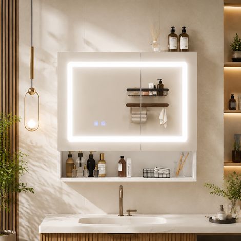 Modernluxe - Armoire mural de salle de bain avec miroir - LED et 2 portes - Déshumidification instantanée - MDF - Blanc (1/5)