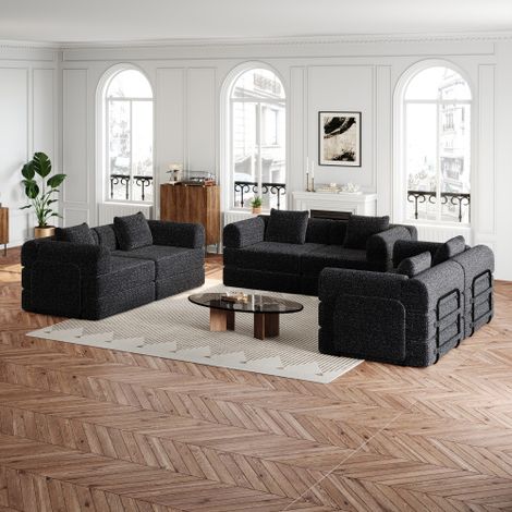 Sofá cama, sofá de 6 plazas con 6 cojines con bolsillo lateral, de felpa (chenilla), negro (1/5)
