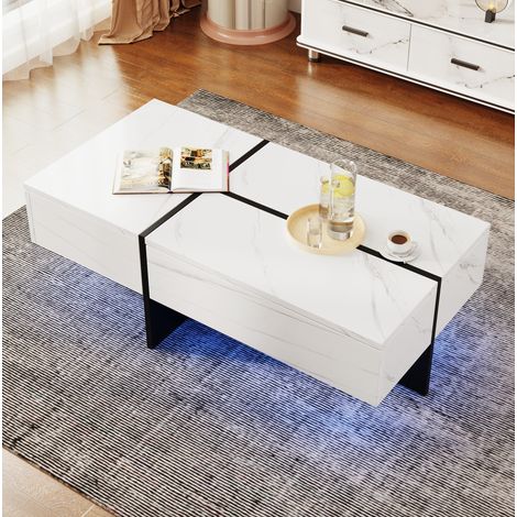 Mesa de centro de aglomerado blanco brillo efecto mármol, 100 cm, con LED controlado por app y 3 cajones (1/5)