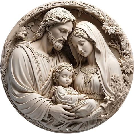 Nativity Scene - Wooden Wall Hanging Decoration - Round Religious Christmas Ornament - 20 cm Diameter - White - 1 Piece (1/5)