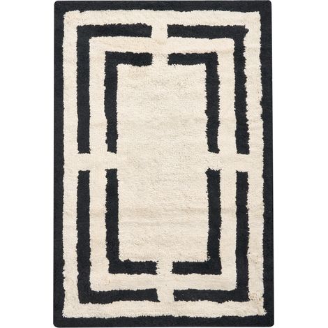 Alfombrilla de baño moderna de algodón rectangular 60 x 90 cm patrón geométrico accesorios de baño beige y negro Risalu (1/5)