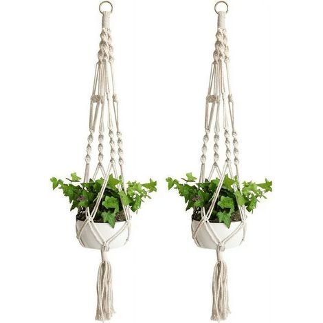 Support Plante Suspension - Corde Coton Naturel - Pour Intérieur Extérieur - Hauteur 105 cm - 2 Pièces (1/5)