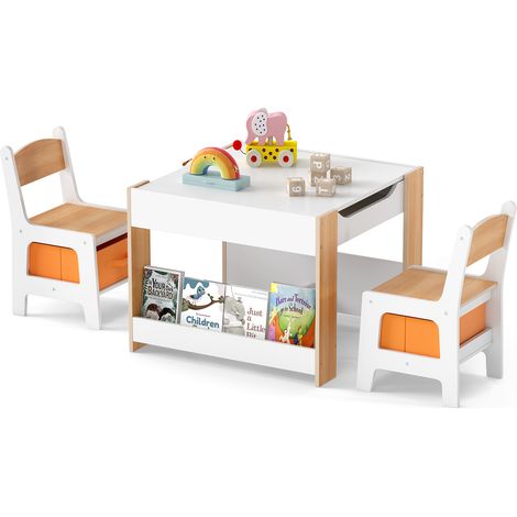 COSTWAY Kids Table and 2 Chairs Set Multifunctional Activity Table-Natural (1/5)