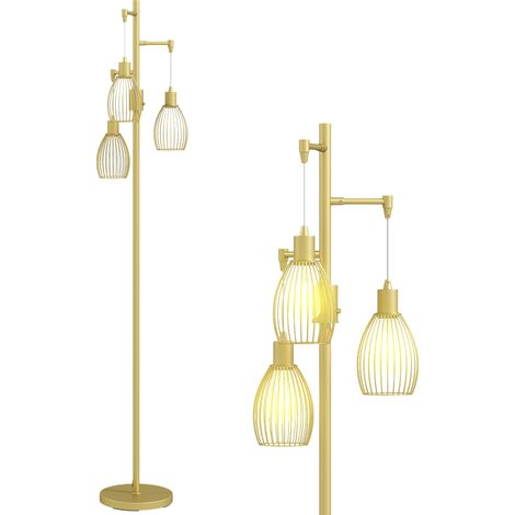 3-Light Floor Lamp, 170cm Industrial Dimmable Standing Lamp with Steel Wire Cage Lampshades for Living Room, Bedroom, Dining Room, Study, Bulb Not Included, Gold Tone