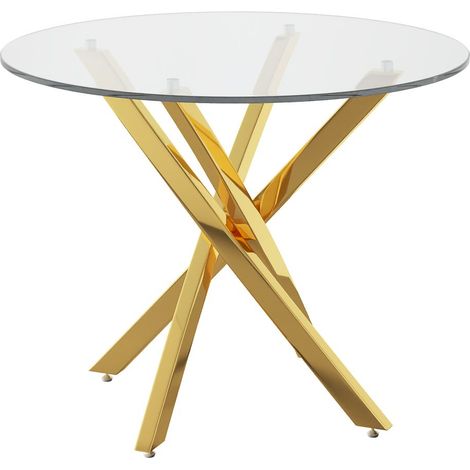 Table à manger 80 x 80 x 75 cm plateau en verre pieds dorés table ronde style moderne design minimaliste finitions or et verre usage (1/5)