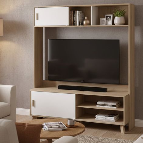 Dmora - Fernsehschrank Nicosia, Ständer für Wohnzimmerfernseher, Niedriges Wohnzimmer-Sideboard, TV-Ständerbasis, 159x48 h181 cm, Eiche und Weiß (1/5)