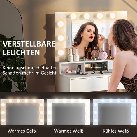 Table de maquillage blanche moderne avec miroir lumineux, tiroirs de rangement, 3 modes d’éclairage, 10 ampoules LED (1/4)