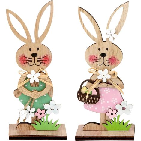 2 Décorations de Pâques, Lapin en Bois, Base Amovible, Rose et Vert, pour Table, Maison, Jardin (1/5)
