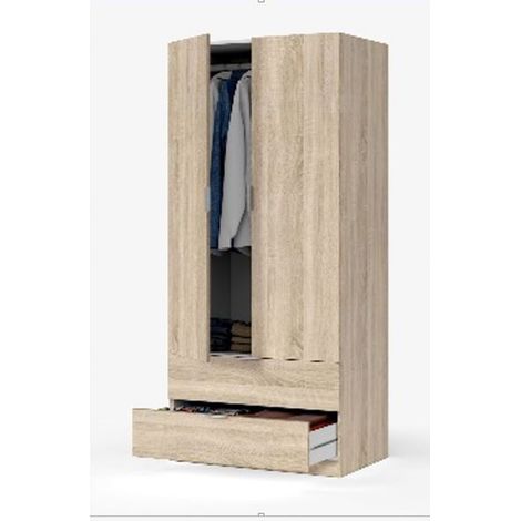 Pegane – Armoire 2 portes chêne canadien 180 x 81 x 52 cm – Penderie et 2 tiroirs – Design contemporain moderne