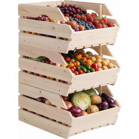 Support de Corbeille à Fruits en Bois de Sapin à 3 Étages Amovibles, pour Fruits et Légumes, 27x37,5x60cm, Naturel (1/5)