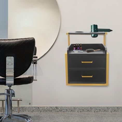 Hängeschrank, Werkzeugschrank für Friseur, Salon Wandschrank mit Haartrockner-Halterung und Schubladen, Friseur Zubehör, Beauty Wandschrank für Friseurgeschäften, Salons, 403048cm Gold